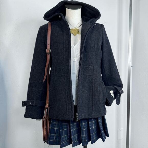 Wool Cashmere Blend Pea Coat Hood Gray Size Medium Petite Dark Academia Preppy - Picture 1 of 8